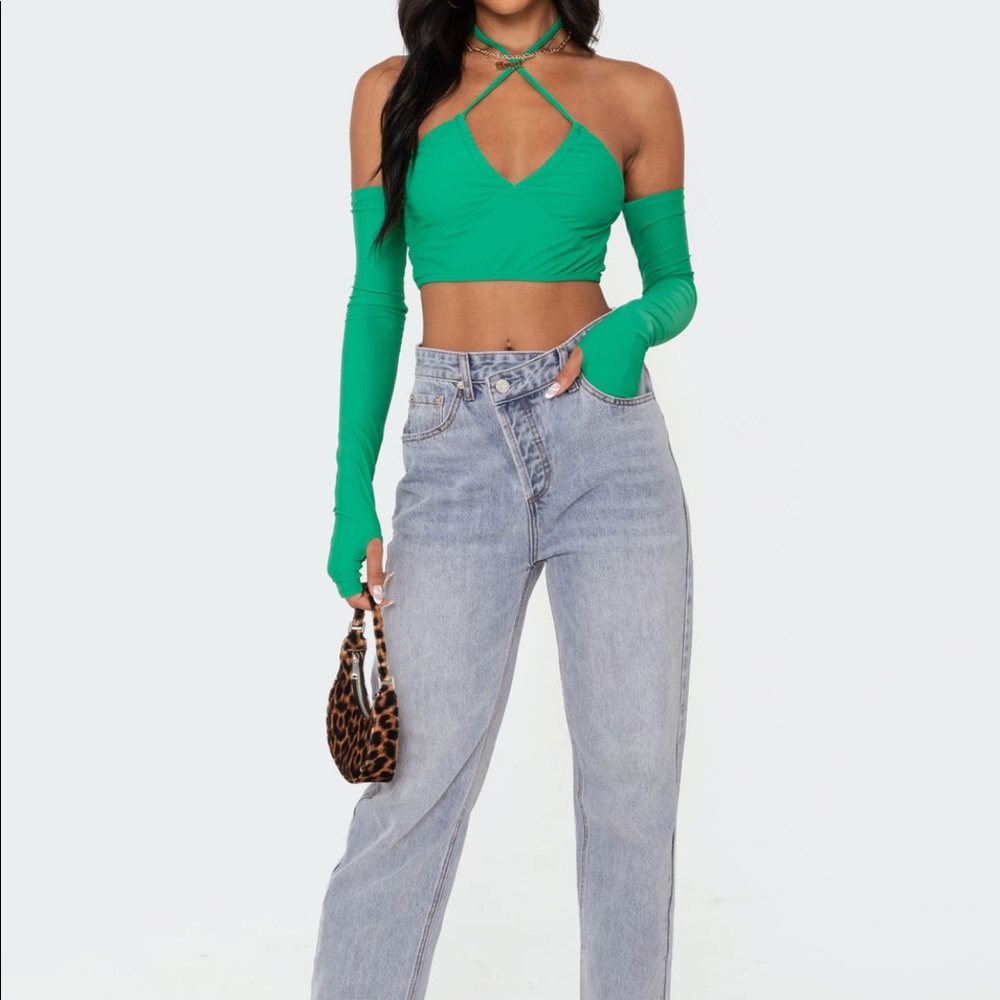 Edikted Y2K Criss-Cross Halter Crop Top with Off the Shoulder Long Sleeves